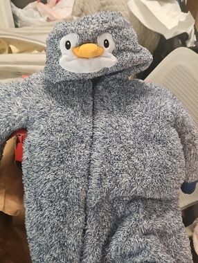 Koala Kids Plush Penguin Hooded One-Piece in Heather Blue and Yellow